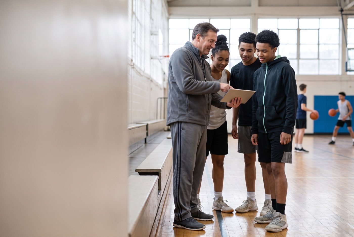 A coach reviewing training with a group of athletes